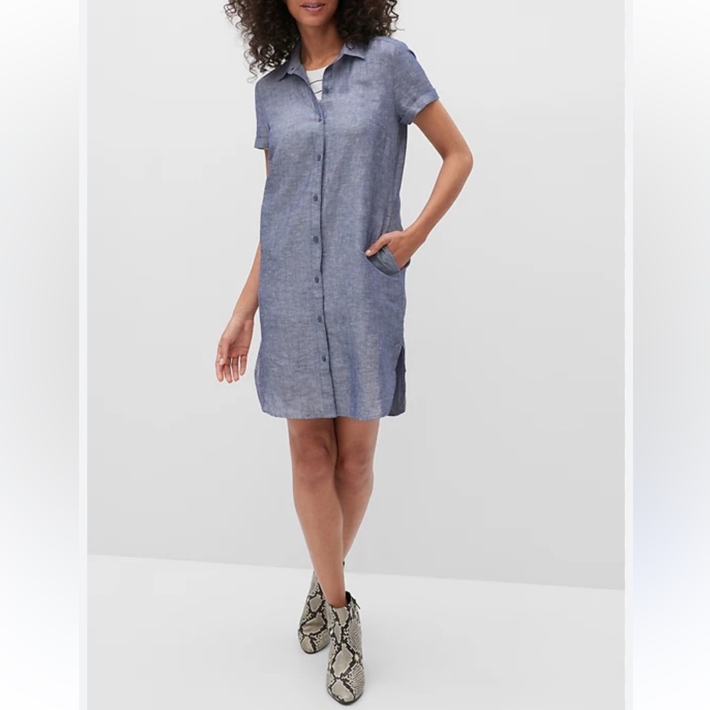 Banana Republic Womens Blue Roll Tab Linen Blend Button Shirt Dress
